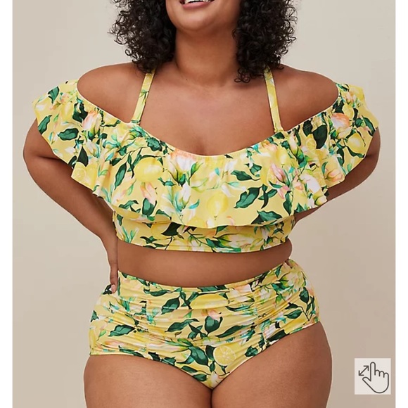 Torrid Lemon Print Off Shoulder Ruffle Swim Top & High Waist Bottom